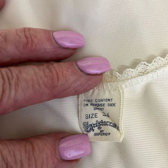 Lingerie Nylon Satin Slip Dress 34 S Floral Lace Adjustable Straps Beige Vintage - Picture 8 of 10